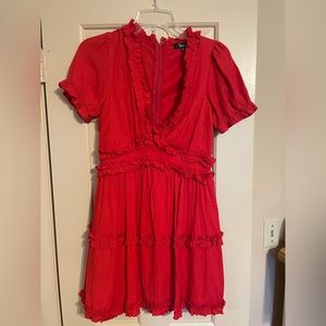 Red Deep V Dress with Frills.